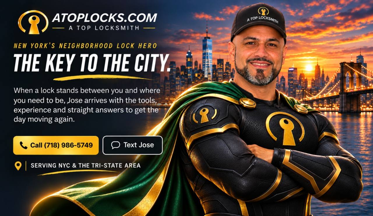 A Top Locksmith superhero Jose overlooking the New York City skyline with The Key to the City message